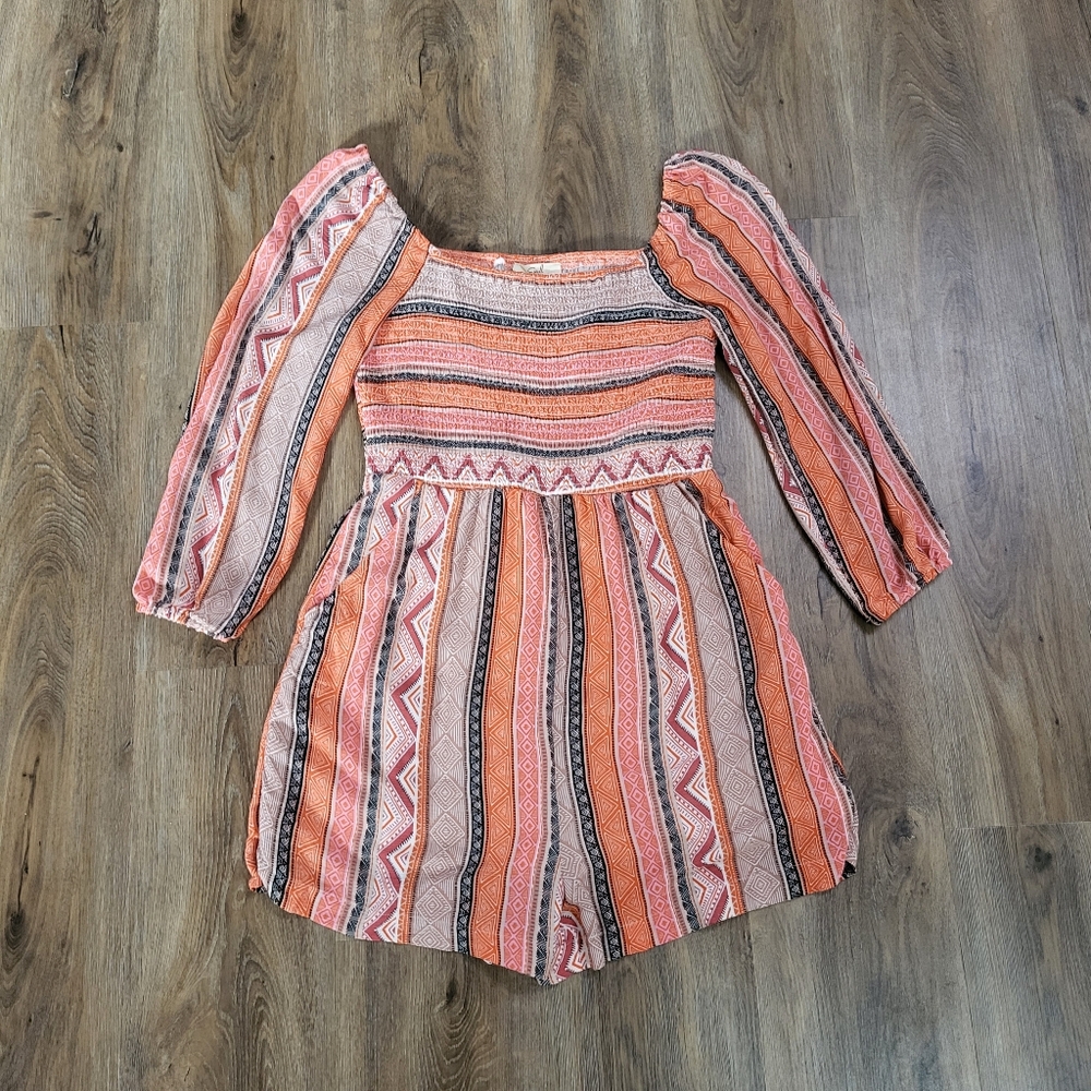 Easel Smocked Short Romper Size Small Boho Aztec Square Neck Rayon Beach Coastal